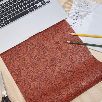 11.8 x 53.9 Inch Brown Floral Embossed Texture Leather Fabric