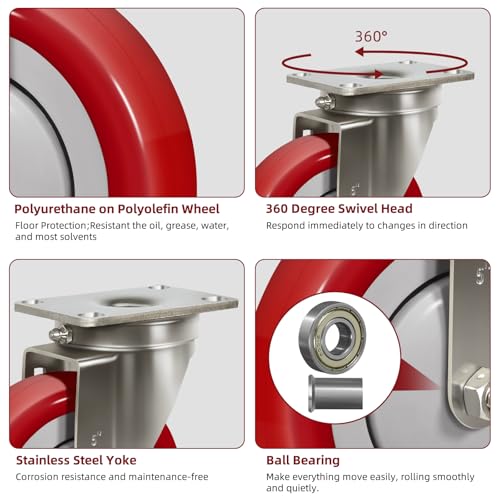 5" Caster Wheels Heavy Duty, Stainless Steel Casters for Cart, Each Industrial Polyurethane Caster Load 350 lbs (12 Swivel) - style: 12 Swivel