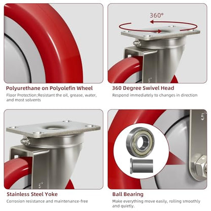 5" Caster Wheels Heavy Duty, Stainless Steel Casters for Cart, Each Industrial Polyurethane Caster Load 350 lbs (12 Swivel) - style: 12 Swivel