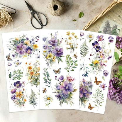 OLYCRAFT 3 Sheets/Set Wildflower Rub on Transfers for Furniture and Craft 6x12 Inch Butterfly Furniture Decal Transfer Stickers Rub on Decal with 1pc Scraper for Wooden Furniture Home Decorations - style: Wildflower
