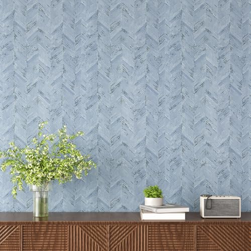 VaryPaper 32"x354" Light Blue Herringbone Peel and Stick Wallpaper Grasscloth Wallpaper for Bedroom Bathroom Waterproof Removable Self Adhesive Vinyl Faux Grass Cloth Contact Paper for Cabinets Desk - size: 32" x 354"