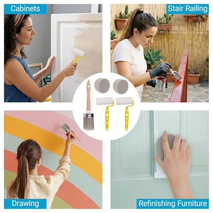5-Piece Professional Paint Trim Tool Kit for All-in-ONE Paint- 1.6" Paint Brush for Trim, 2 Small Foam Paint Roller & 2 Round Sponges