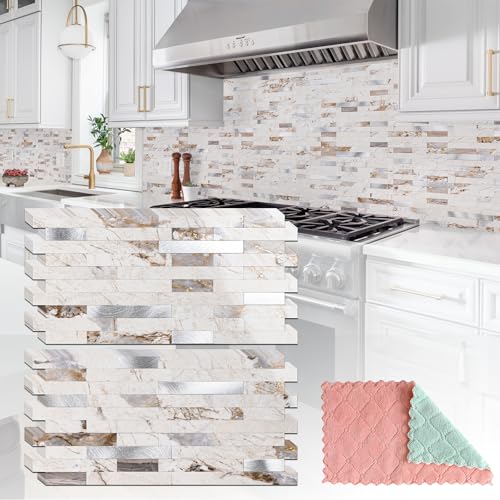 StyloVue 20 Sheets Peel and Stick Backsplash for Kitchen, 2026 Upgraded Ivory Calacatta Marble Look with Silver Metal Accents, Glossy Finish, Stick on Tile for Kitchen Backsplash, RV, Fireplace - color: Ivory Calacatta