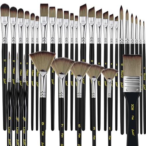 Bougimal 33 Pcs Paint Brush Set, No-Shedding Artist Paint Brushes - color: Black