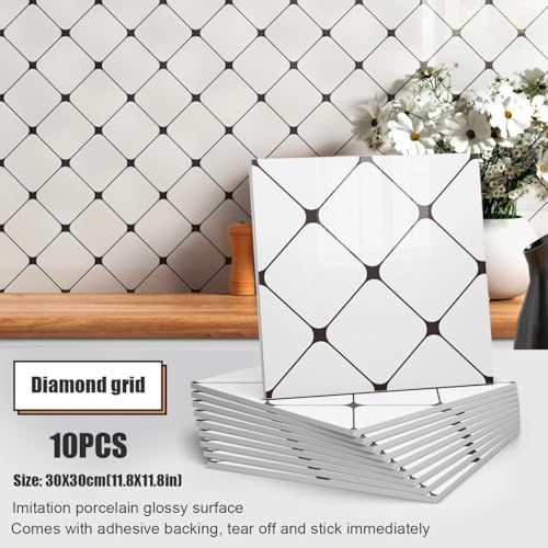 Chejiaye Peel and Stick Backsplash Tiles 10-Pack - White Geometric Self-Adhesive PVC Wall Panels, Waterproof Kitchen Backsplash Stick on Tile for Kitchen,Bathroom, Laundry Room Walls (11.8"x11.8") - color: White Geometry, size: 11.8" x 11.8" x 10Pack