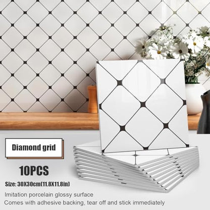 Chejiaye Peel and Stick Backsplash Tiles 10-Pack - White Geometric Self-Adhesive PVC Wall Panels, Waterproof Kitchen Backsplash Stick on Tile for Kitchen,Bathroom, Laundry Room Walls (11.8"x11.8") - color: White Geometry, size: 11.8" x 11.8" x 10Pack