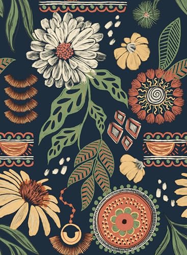 Simon&Siff Boho Sun Floral Retro Peel and Stick Wallpaper 17.3" x 80" - color: Blue, size: 17.3" x 80"