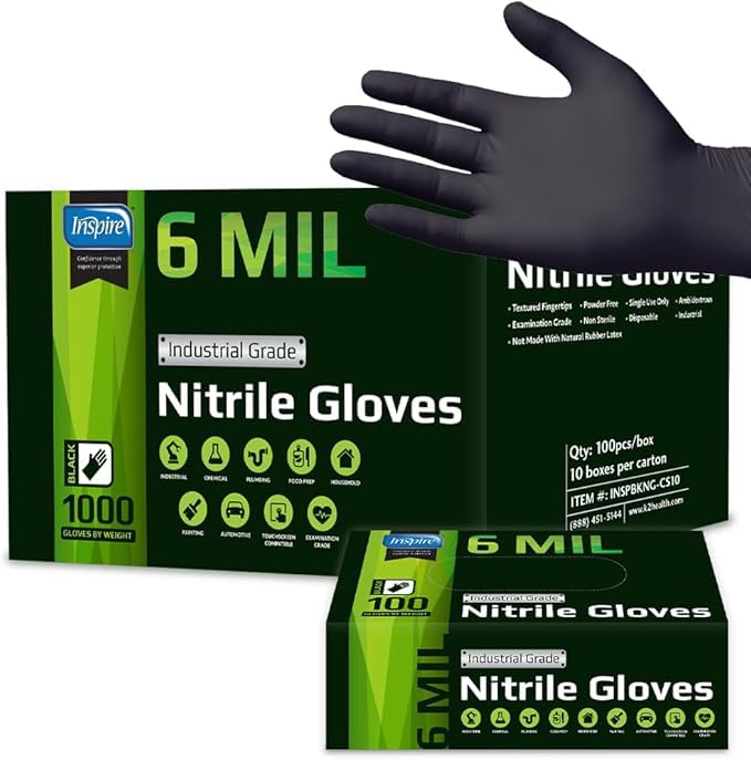 Inspire Black Nitrile Gloves HEAVY DUTY 6 Mil Nitrile Chemical Resistant Medical Cooking Cleaning Disposable Black Gloves - size: Medium, style: Black 6mil Case of 1000