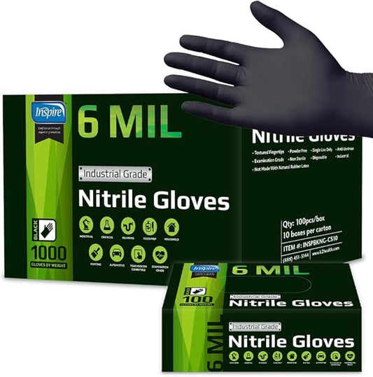 Inspire Black Nitrile Gloves HEAVY DUTY 6 Mil Nitrile Chemical Resistant Medical Cooking Cleaning Disposable Black Gloves - size: XL, style: Black 6mil Case of 1000