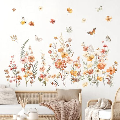 decalmile Boho Flower Garden Floral Butterflies Wall Decals Stickers - color: Wildflower