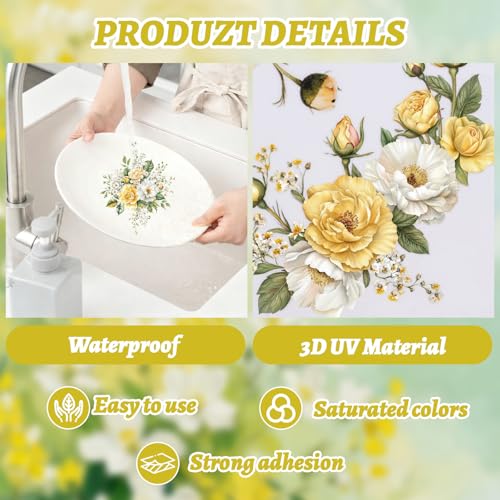 Flowers Rub On Transfers for Furniture and Crafts, 3pcs Yellow Rose Flowers Transfers Stickers Waterproof Decals for Bookcase Wardrobe DIY Home Door - color: Yellow Roses