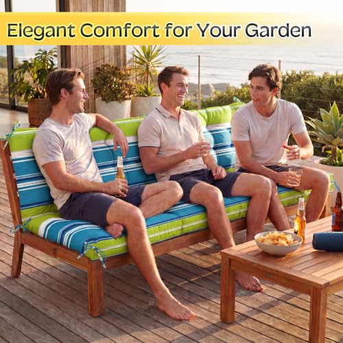 Oxford Fabric Swing Cushions with Backrest & Tie Straps for Patio Bench - color: Teal Stripe