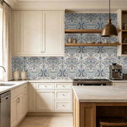Blue Peacock Damask Peel and Stick Boho Wallpaper 17.5"x 118" - color: Blue, size: 17.5" x 118"