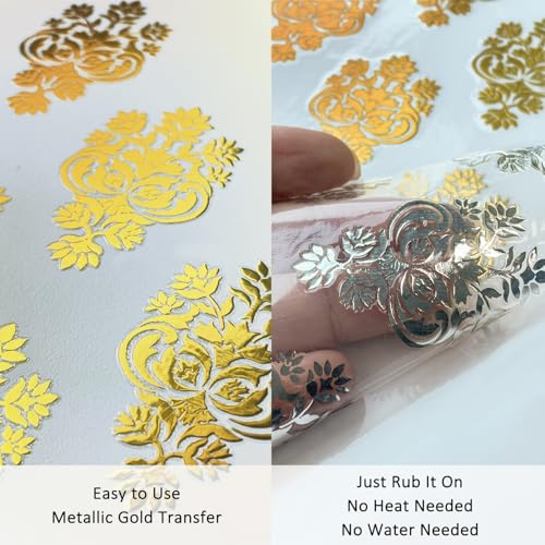 Gold Foil Rub on Transfer for Furniture DTF Transfers for Wood Drawer Decor, Baroque Damask - style: Baroque,Damask