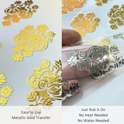 Gold Foil Rub on Transfer for Furniture DTF Transfers for Wood Drawer Decor, Baroque Damask - style: Baroque,Damask