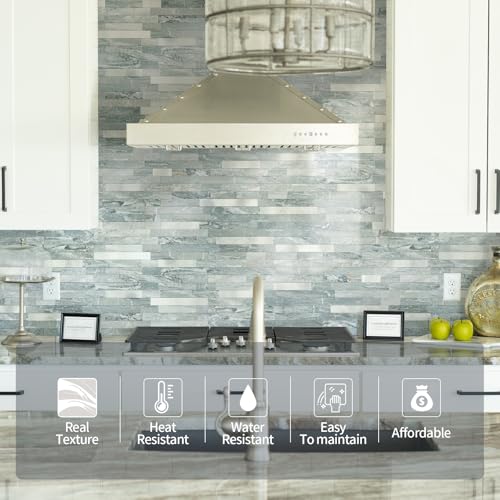 Yipscazo 5 Sheets Peel and Stick Stone Metal Tile Backsplash, Stick on Tiles for Backsplash Kitchen, Bathroom, Laundry Room, Camper, Fireplace (12'' X 12'', Polished Cyan) - color: Polished Cyan
