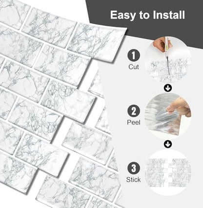 10 Sheets Thicker Design Peel and Stick Backsplash, 12"x12" Peel and Stick Wall Tiles, Subway Look Marble Tiles Backsplash for Kitchen and Bathroom, Snow Flake White - color: Snow Flake White