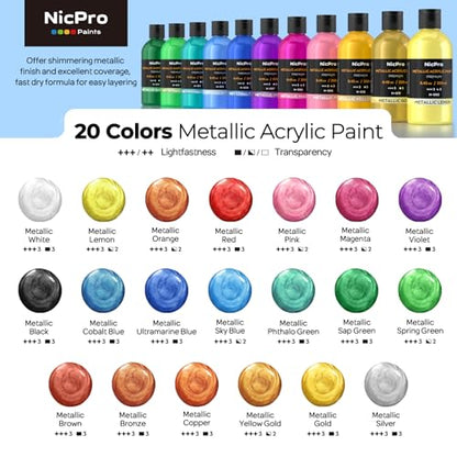 Nicpro 20 Colors Metallic Acrylic Paint Set, Pearlescent Acrylic Paint - color: 20 Metallic Colors