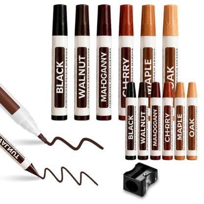 Furniture Touch Up Markers Set of 13, Wooden Furniture Floor Scratch Repair Kit- Markers and Wax Sticks with Sharpener for Fixing Stains and Scratches on Wood Floors,Tables,Desks