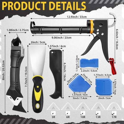 7 Pcs Professional Caulk Gun Kit with Caulk Removal Tool & Putty Knife 5 in 1 Caulking Tool Set for Caulking Removal Home Outdoor Kitchen Bathroom Repairs