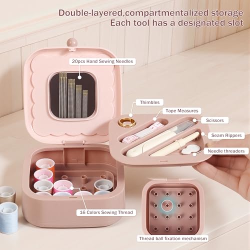LOTOFUN Small Sewing Kit Box: Cute Portable 2-Layer Organizer Magnetic Needle and Thread Kits Holder Basic Case - Home Clothes Repair for Beginners (Pink) - color: Pink