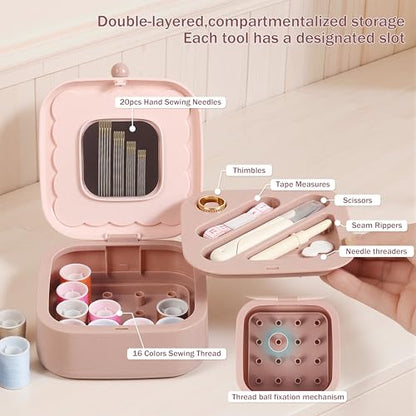 LOTOFUN Small Sewing Kit Box: Cute Portable 2-Layer Organizer Magnetic Needle and Thread Kits Holder Basic Case - Home Clothes Repair for Beginners (Pink) - color: Pink
