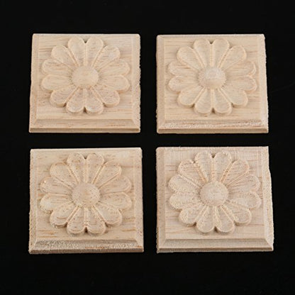 4Pcs Wood Carved Appliques Onlays, Square Carving Decals for Furniture - size: 3.94 x 3.94 inches