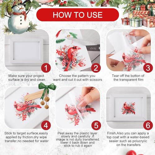 BBTO 12 Sheets Christmas Rub on Transfers for Crafts and Furniture Christmas Rub on Transfer Stickers Winter Decals for Wood DIY Paper Home Decor, 5.5 x 5.7 Inch(Cardinal) - style: Cardinal