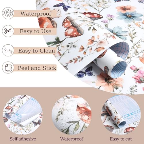 Froluya Mushroom Wallpaper Peel and Stick Boho Contact Paper 16.9" x 118.1" - color: White, size: 16.9" x 118.1"