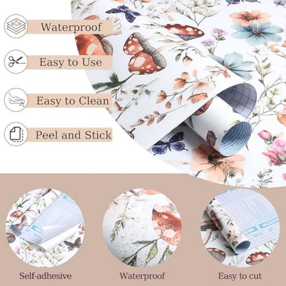 Froluya Mushroom Wallpaper Peel and Stick Boho Contact Paper 16.9" x 118.1" - color: White, size: 16.9" x 118.1"