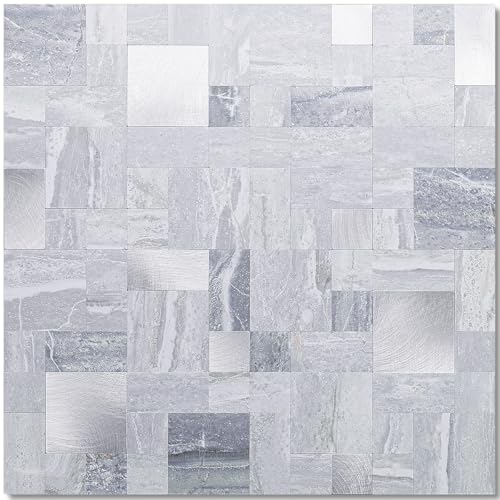 DICOFUN 1 Sheet Grey Marble Peel and Stick Tile Backsplash, Mixed Metal Silver Chips Kitchen and Bathroom Tiles, Stick on Backsplash for Stove - color: Grey and Light Blue Marble, size: 1 Sheet, 12"x12"x0.12"
