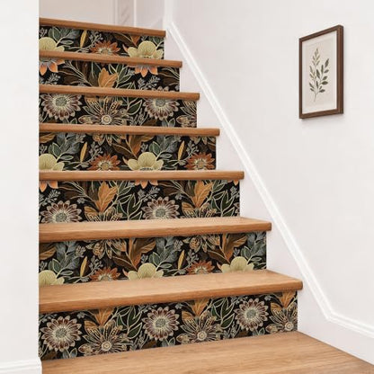 Laatse Boho Dark Black Gold Floral Wallpaper Peel and Stick 17.5"x787" - color: Black/Brown, size: 17.5" x 787"