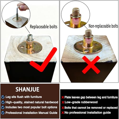 SHANJUE 8 Inch Black Couch Legs - Square Wood Sofa Legs for Furniture, 4PC - size: 8 inch