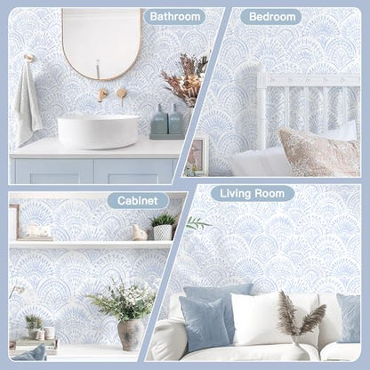 Safiyya Peel and Stick Wallpaper Boho Contact Paper 17.3"x78.7" Blue and White Modern Wall Paper Self Adhesive Removable Wallpaper for Bedroom Vinyl Rolls - color: Light Blue and White, size: 17.3" x 78.7"