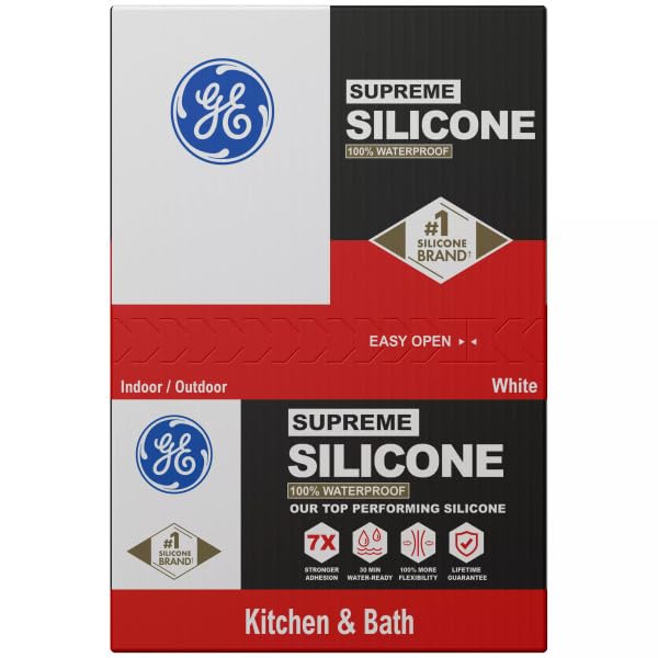 GE Supreme Silicone Caulk for Kitchen & Bathroom, White, 10 fl oz Cartridge, 12 Pack - 100% Waterproof Silicone Sealant, 7X Stronger Adhesion, Shrink & Crack Proof - color: White, size: Pack of 12