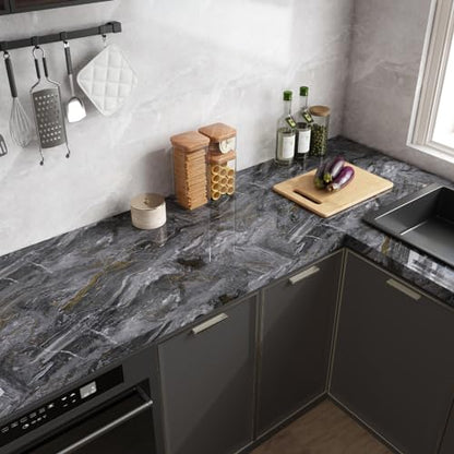 CRE8TIVE Dark Grey Gold Marble Contact Paper 12"x80" Glossy Slate Marble Wallpaper Peel and Stick Countertops Waterproof Self Adhesive Removable Wallpaper Marble Vinyl Wrap for Bathroom Cabinets Desks - color: Glossy Dark Grey Gold, size: 12" x 80"
