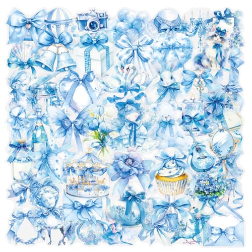 50pcs Transparent Blue Bow Sticker, Vinyl Cute Aesthetic Bows Stickers for Water Bottle Scrapbook Laptop Luggage Helmet Bike Skateboard,Waterproof Funny Trendy Decals for Teens Girls Women (Bowknot) - color: Bowknot