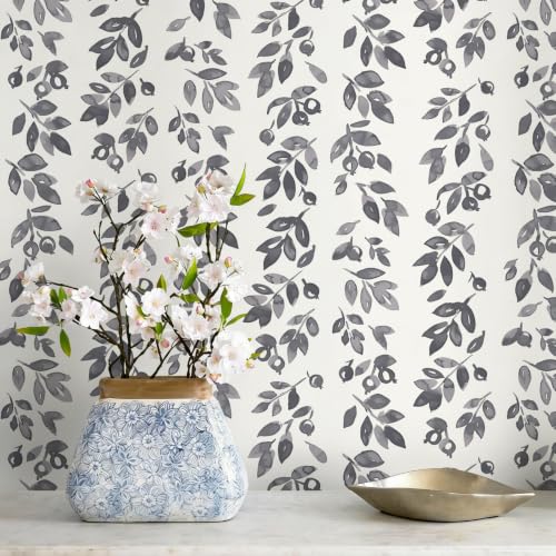 Ismoon Grey Wallpaper Peel and Stick Vintage Wallpaper 17.3in x 16.4ft Dark Grey Leaf Contact Paper Vintage Cottage Wall Paper for Bedroom Bathroom Kitchen Nursery Removable Vinyl - color: Gray, size: 17.3" x 197"