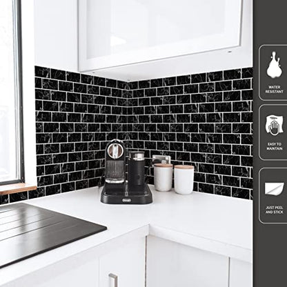 Art3d 10-Pack Subway Peel and Stick Backsplash, 12 x 12 Inch, Black Marble - color: Black Marble