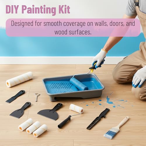 Bates- 9 Inch Paint Roller Kit, 17 pcs, Plastic Paint Tray, Clear Disposable Tray Liners, 4" & 9" Roller Frame, Roller Covers 4" & 9", Angle Brush, Plastic Scrappers, Can Opener and Stirring Rod