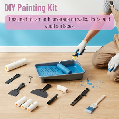 Bates- 9 Inch Paint Roller Kit, 17 pcs, Plastic Paint Tray, Clear Disposable Tray Liners, 4" & 9" Roller Frame, Roller Covers 4" & 9", Angle Brush, Plastic Scrappers, Can Opener and Stirring Rod