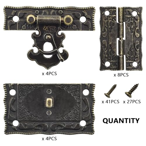 4 Sets Antique Engraved Hook Latch Hasp Hinges with Screws Kit Embossing European Gothic Style for Jewelry Wood Box Cases Repairing and Decoration, Bronze, S-hing-s4