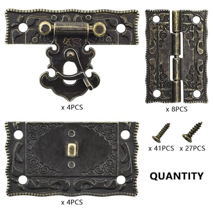 4 Sets Antique Engraved Hook Latch Hasp Hinges with Screws Kit Embossing European Gothic Style for Jewelry Wood Box Cases Repairing and Decoration, Bronze, S-hing-s4