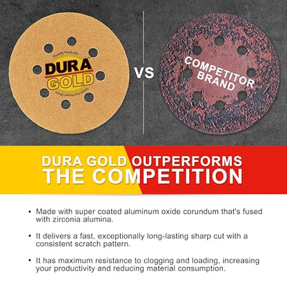 Dura-Gold 5" Gold Sanding Discs, 40 Grit, Box of 25, 8 Hole Pattern, H & L - size: 40-Grit - Gold