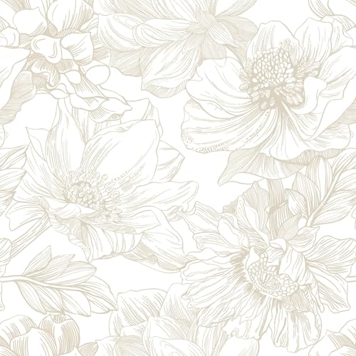 Ismoon Large Floral Peel and Stick Wallpaper Boho Beige/Coffee Contact Paper 17.3inx49ft Modern Wall Paper Removable Self Adhesive Bedroom Cabinet Bathroom Waterproof Mural Wall Decor Vinyl Roll - color: Beige, size: 17.3" x 590"