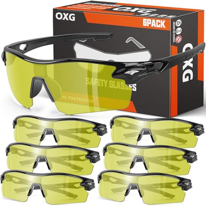 OXG 6 Pack Safety Glasses, Scratch Resistant Wraparound Lenses ANSI Z87.1 Protective Eyewear for Unisex - color: Yellow