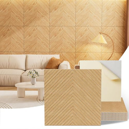Acoustic Wall Panels, 8 Piece 23.62" X 23.62" Peel and Stick Wall Panels - color: Timber Vee Herringbone, size: 94 X 48 Inches