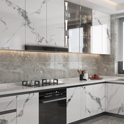 LaCheery Grey White Marble Contact Paper for Countertops Glossy White Marble Peel and Stick Countertop Contact Paper Waterproof Wallpaper for Bathroom Kitchen Counter Top Cabinets Vinyl Wrap 15.8"x79" - size: 15.8" x 79"