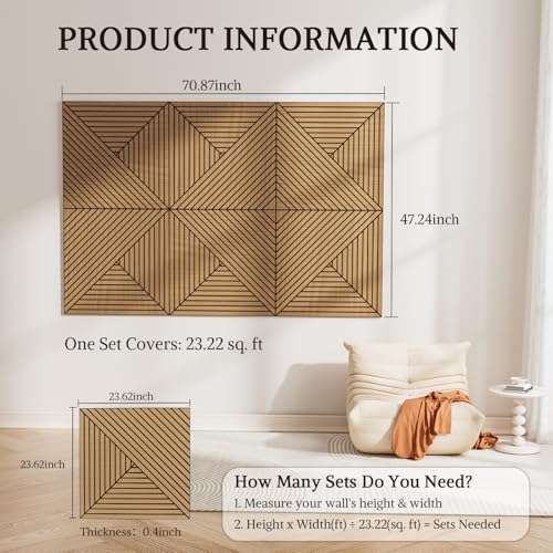 Acoustic Wall Panels, 6 Piece 23.62"X 23.62" PVC Peel and Stick Wall Panels - color: Oak-Elysian Step Vortex, size: 72 X 48 Inches