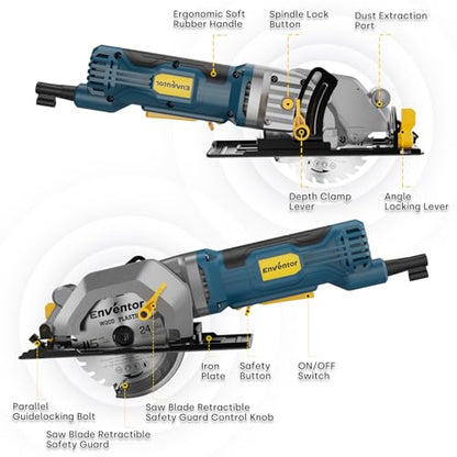 Enventor Mini Circular Saw, 4.8A 4-1/2" Electric Circular Saw with 3 Saw Blades, 4000RPM, Max Cutting Depth 1-1/16" for Wood Cutting
